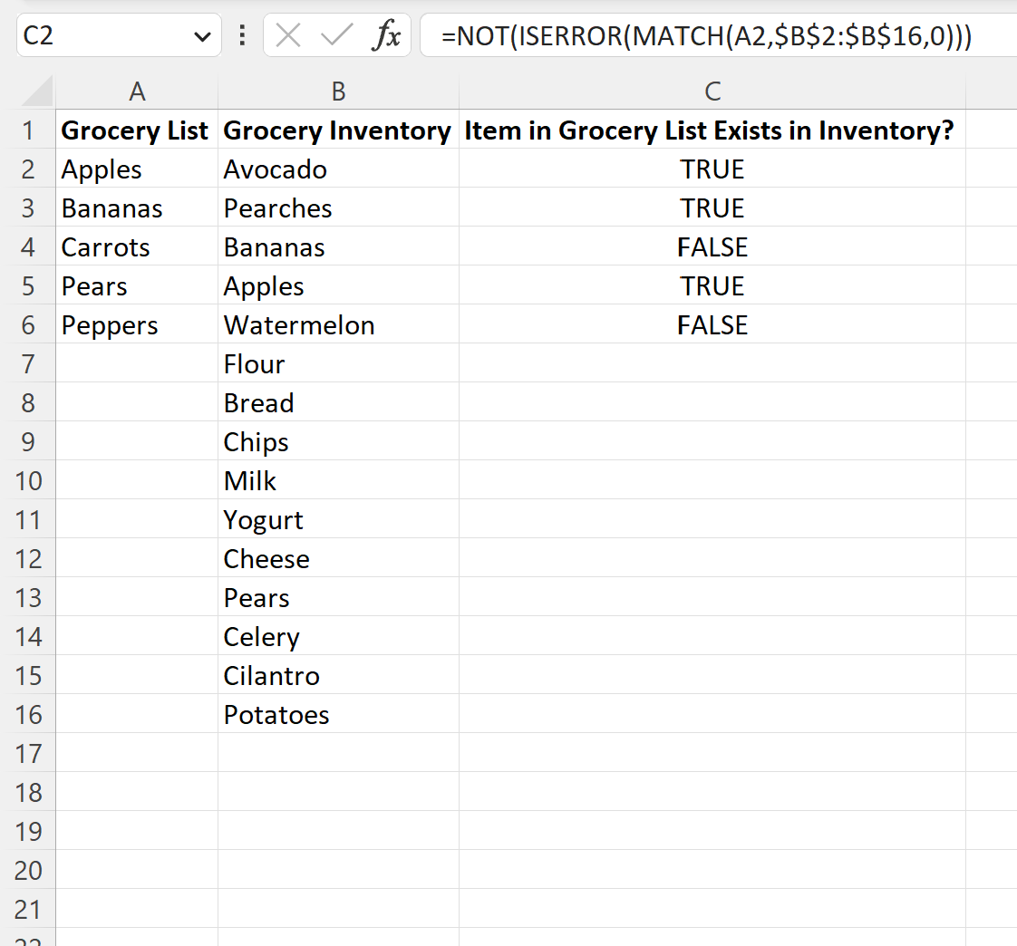 Excel check if one column value exists in another column