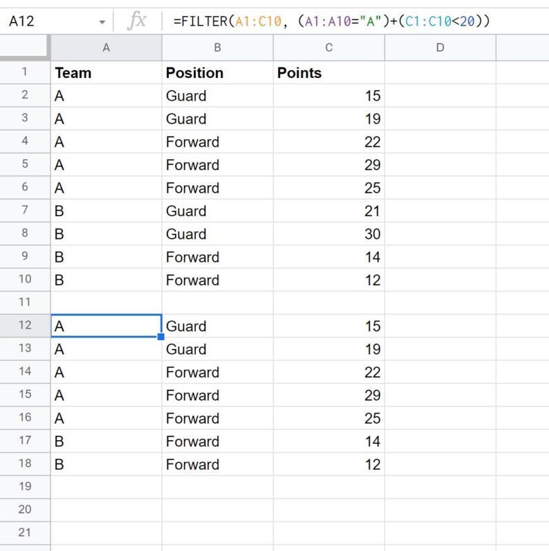 Google Sheets FILTER function with OR