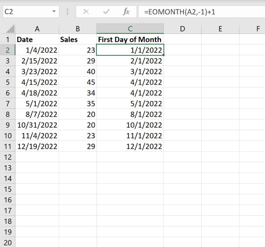 firstday3 Excel get first day of month using EOMONTH() function