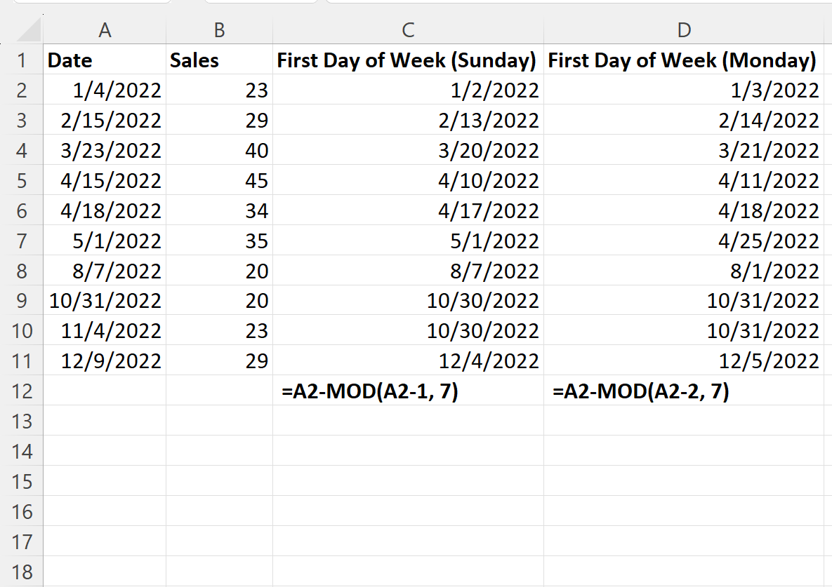 Excel get first day of week