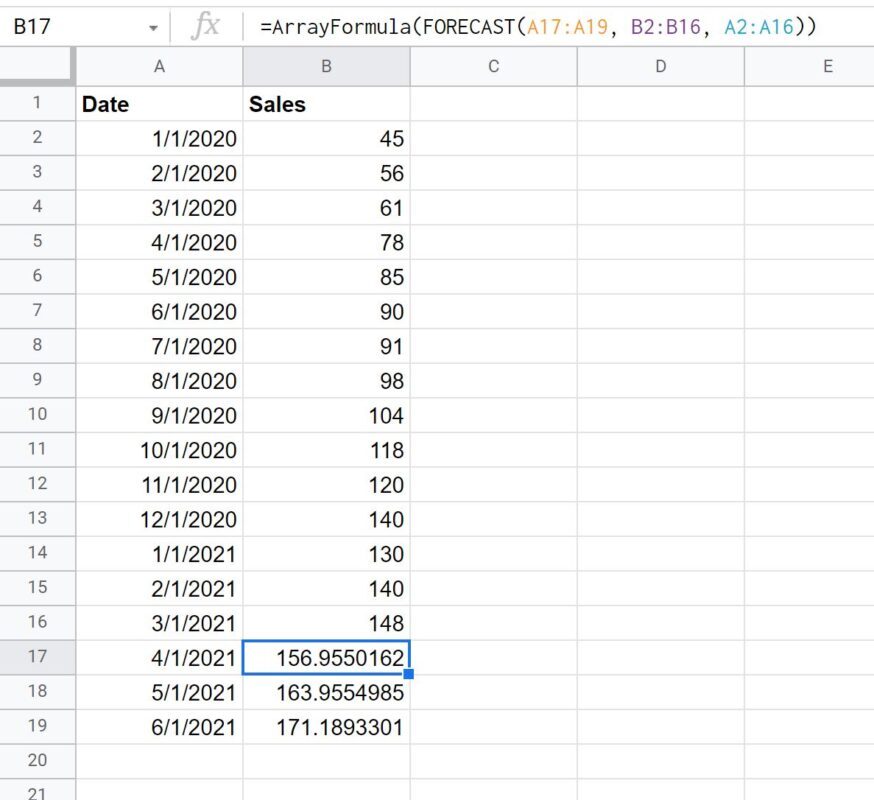 forecast multiple values in Google Sheets