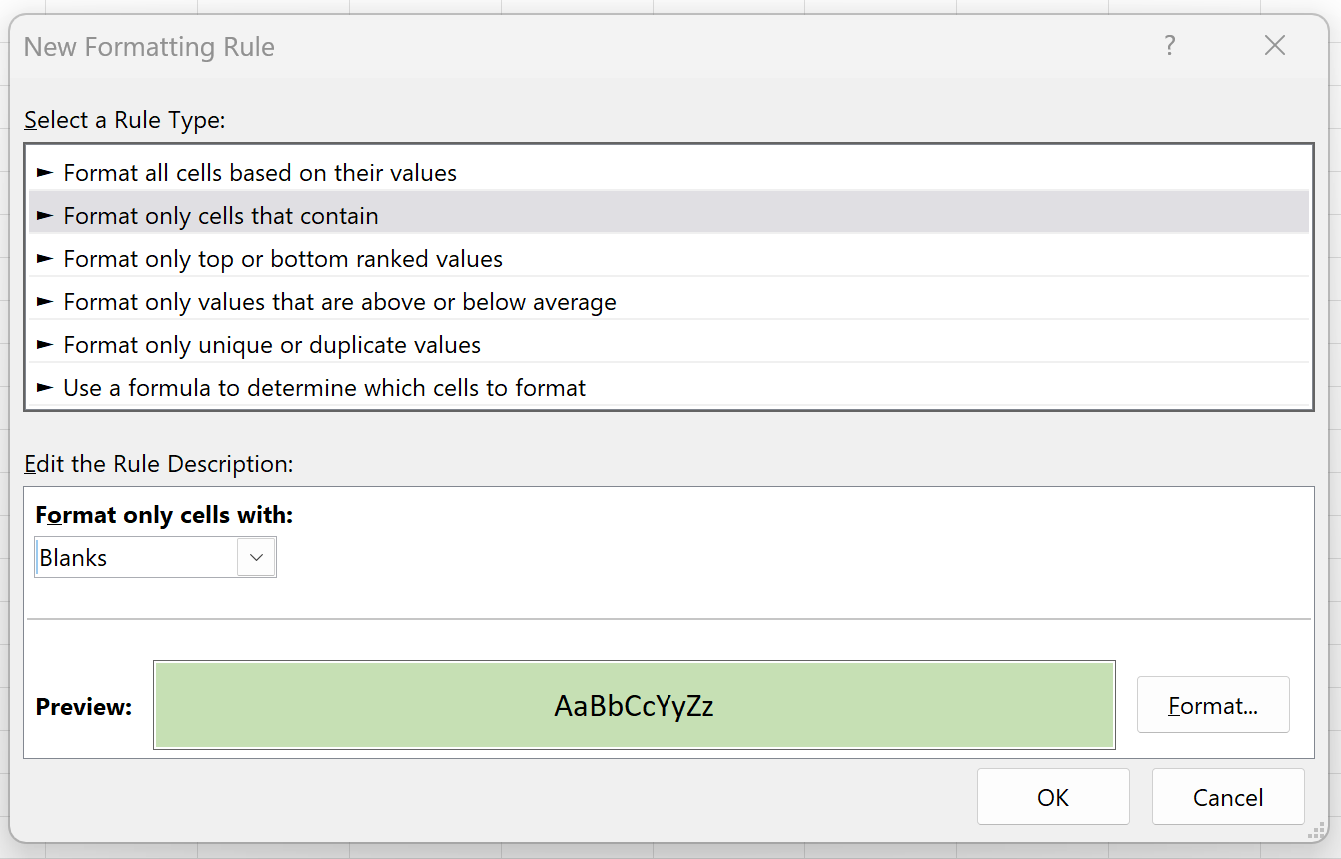 Excel apply conditional formatting to blank cells