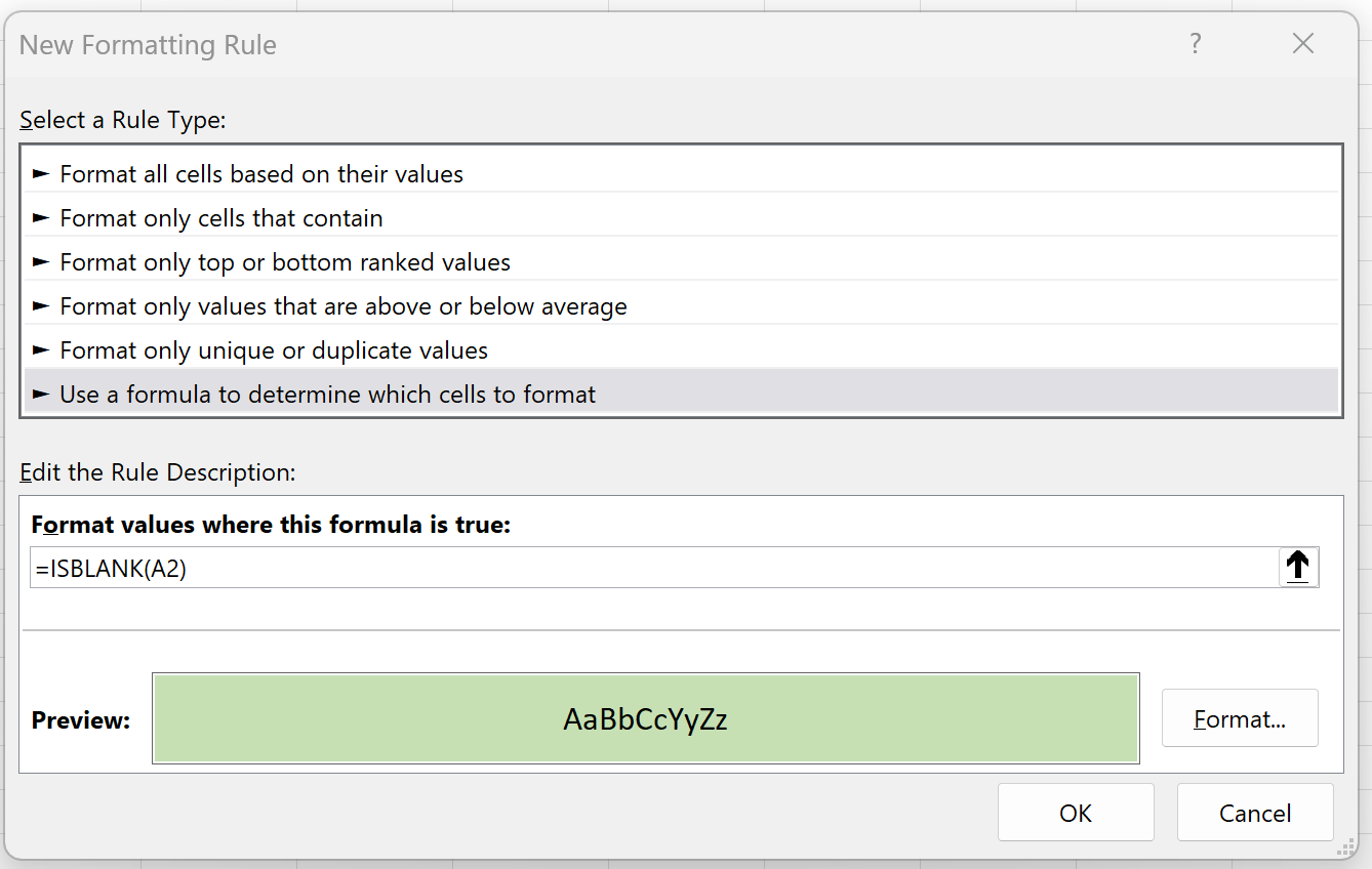 Excel apply conditional formatting to blank cells using ISBLANK function