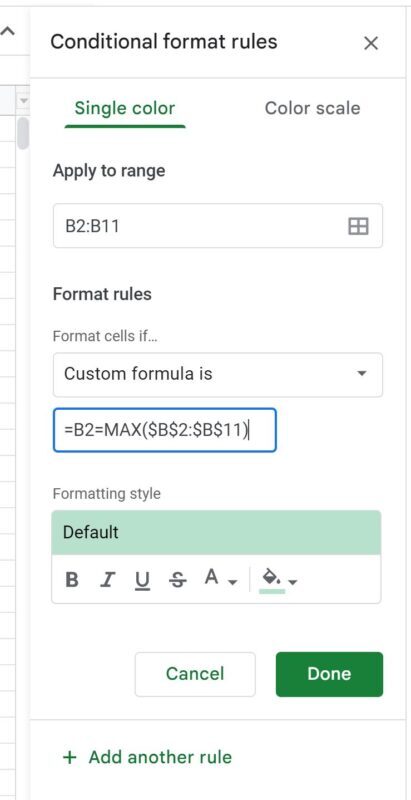 Google Sheets highlight highest value