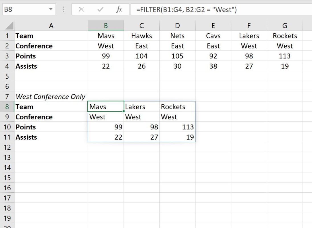 filter data horizontally in Excel