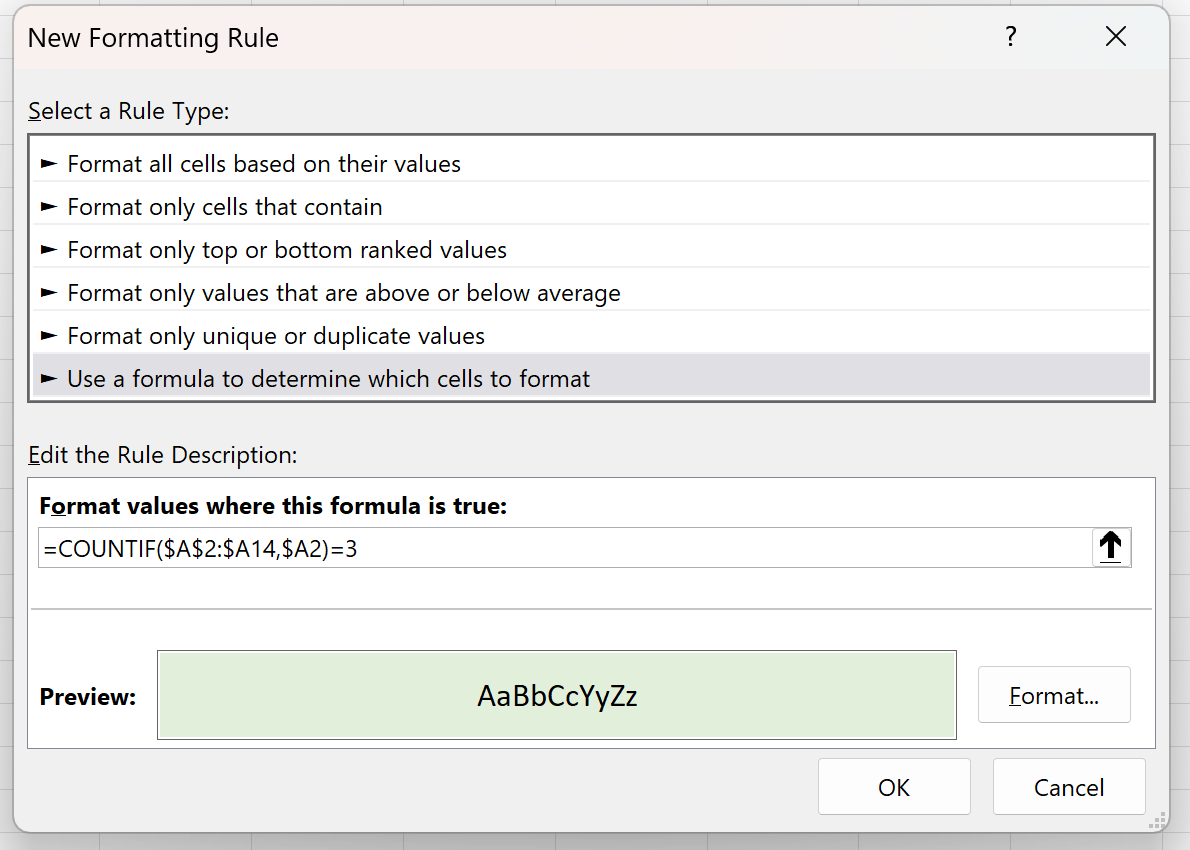 Excel highlight values that appear 3 times