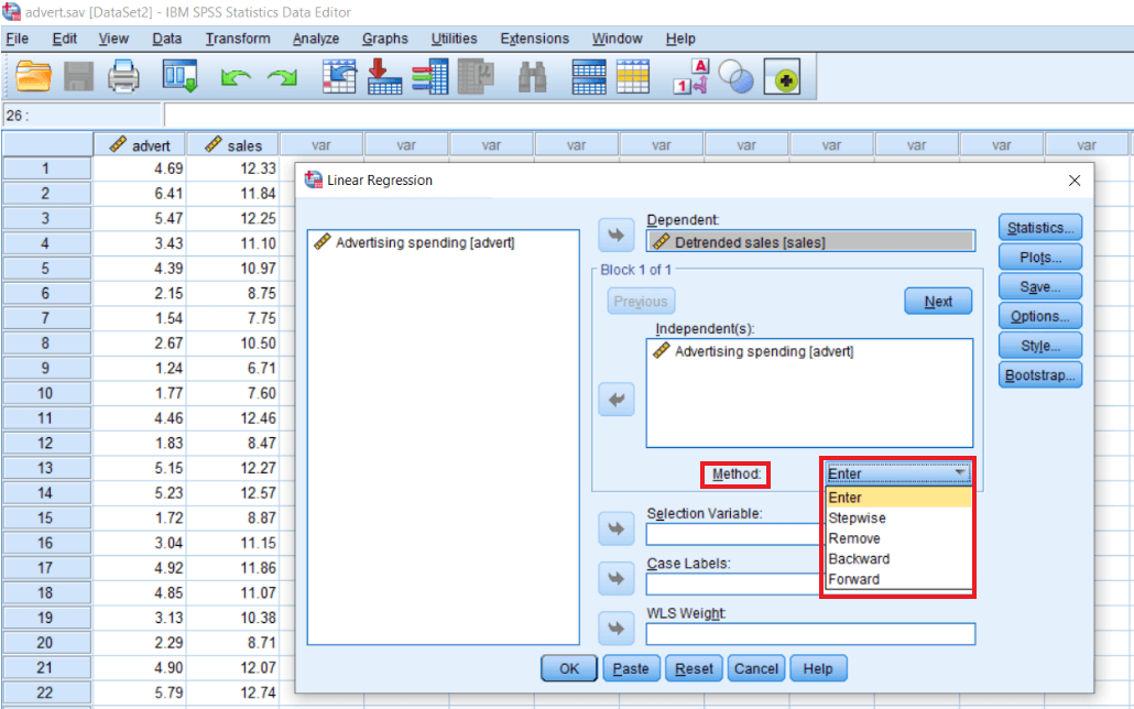 Input of Linear Regression in SPSS