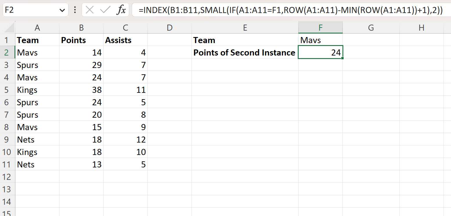 Excel match second instance