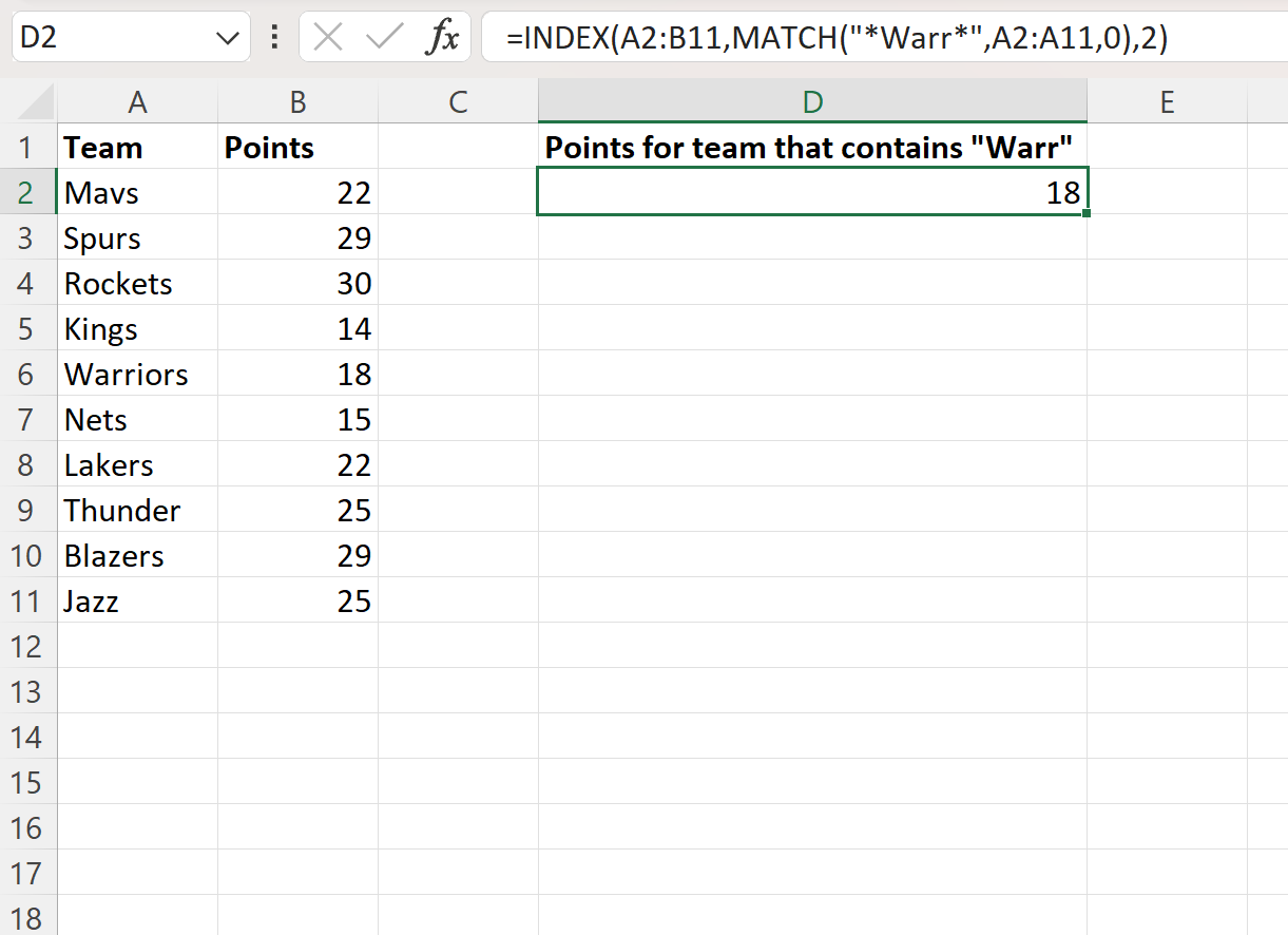 Excel INDEX MATCH if cell contains text