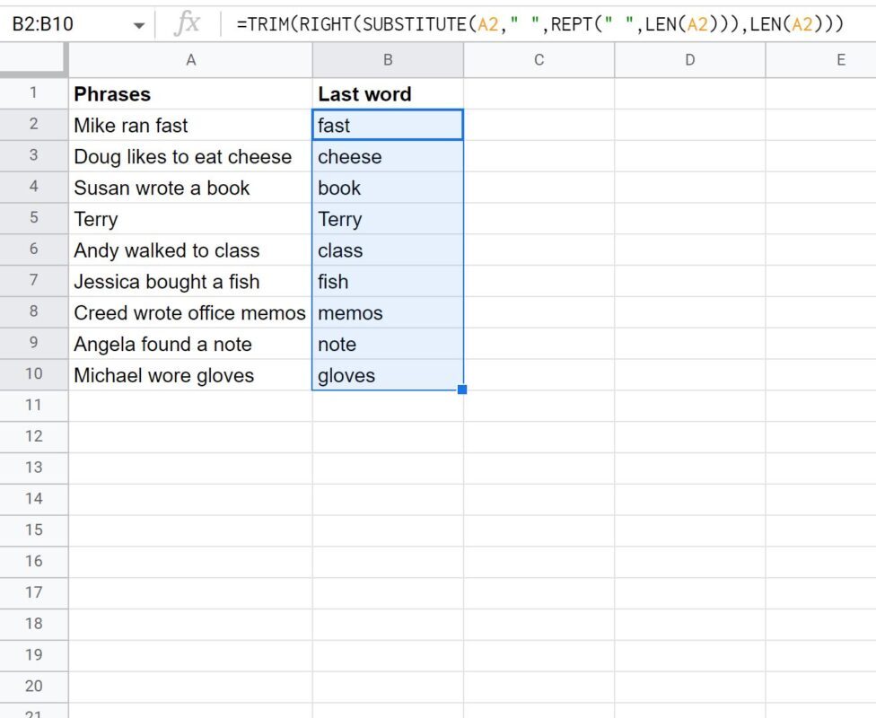 Google Sheets extract last word from cell