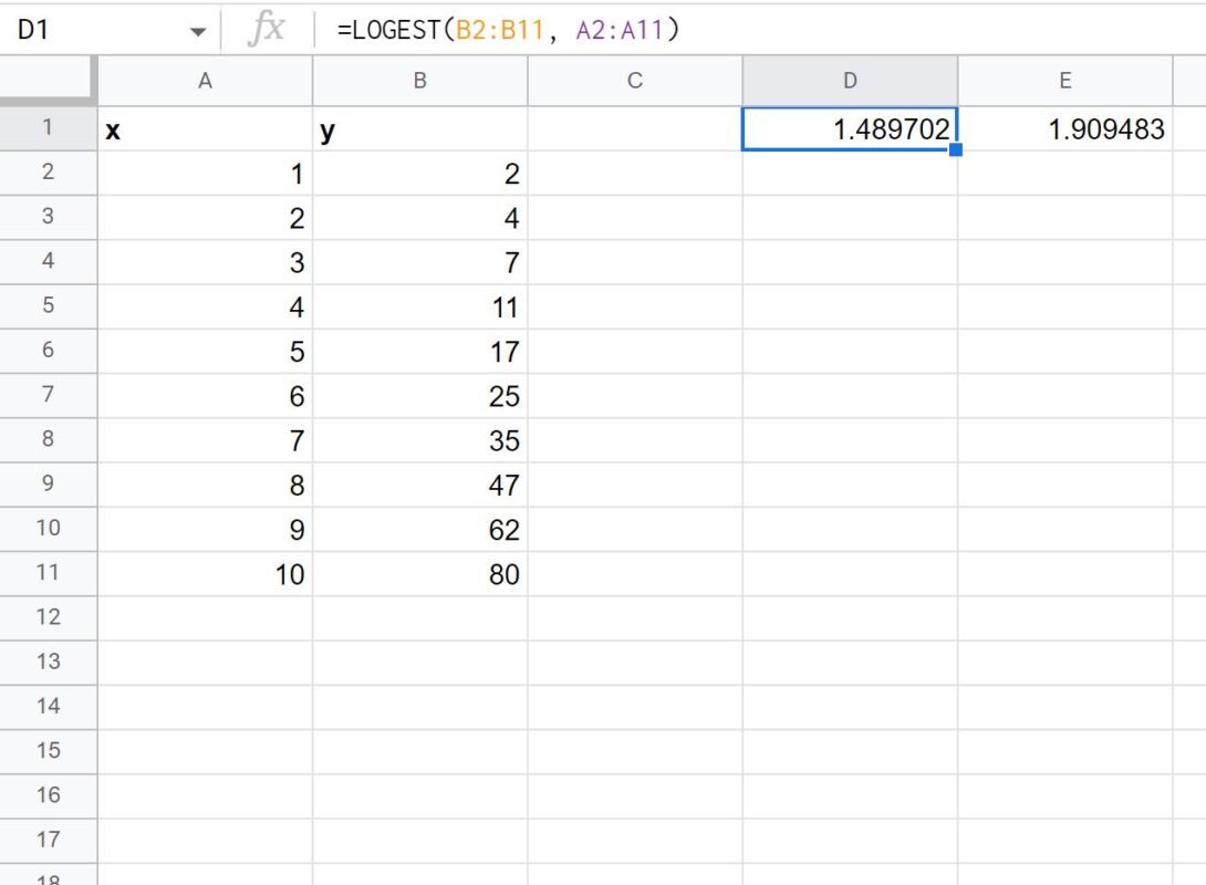 LOGEST function in Google Sheets