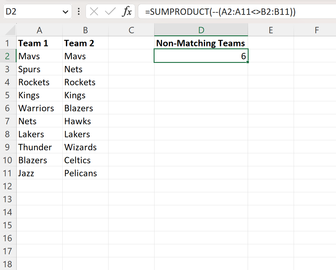 Excel count non-matches between two columns