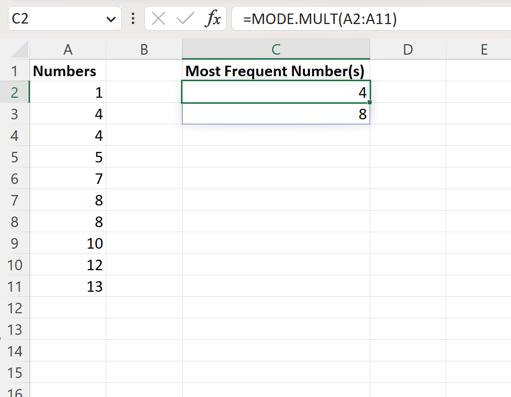 Excel find most frequently occurring values in list