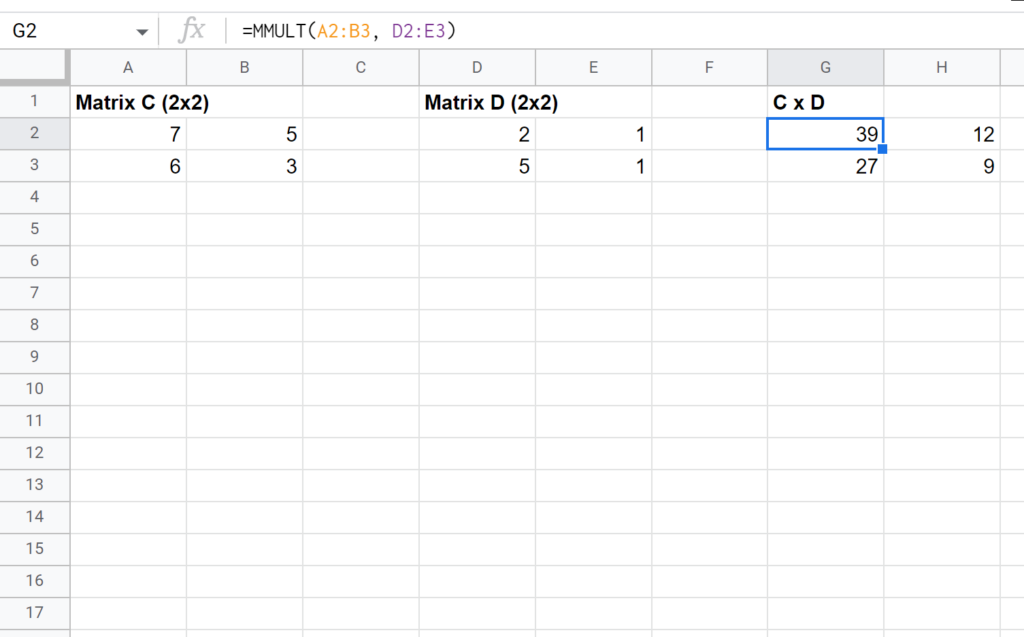 How do I perform matrix multiplication in Google Sheets? 2