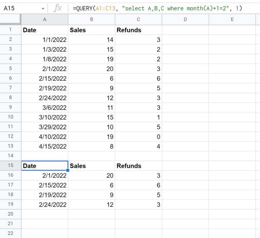 Google sheets query month
