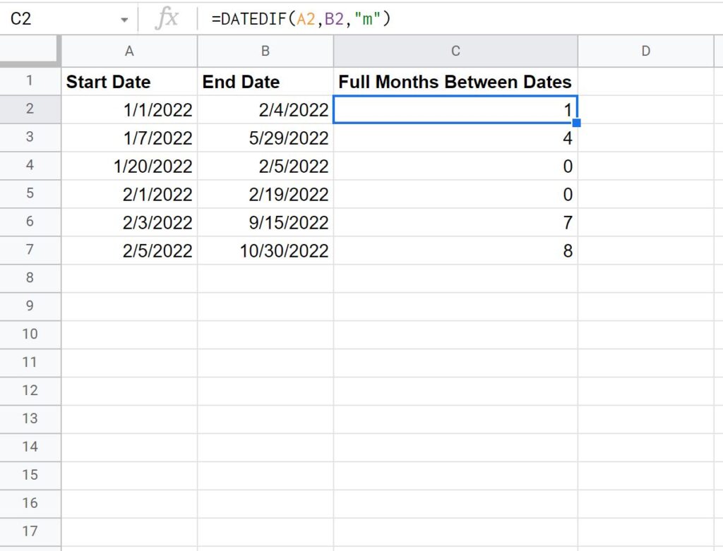 How can I calculate the number of months between two dates using Google Sheets? 2