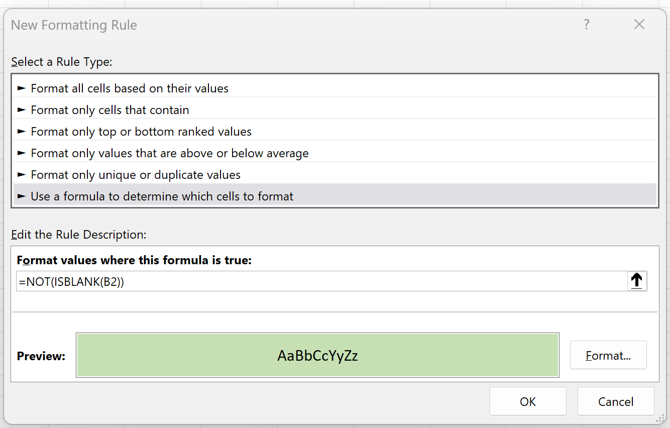 Excel conditional formatting if another cell is not empty
