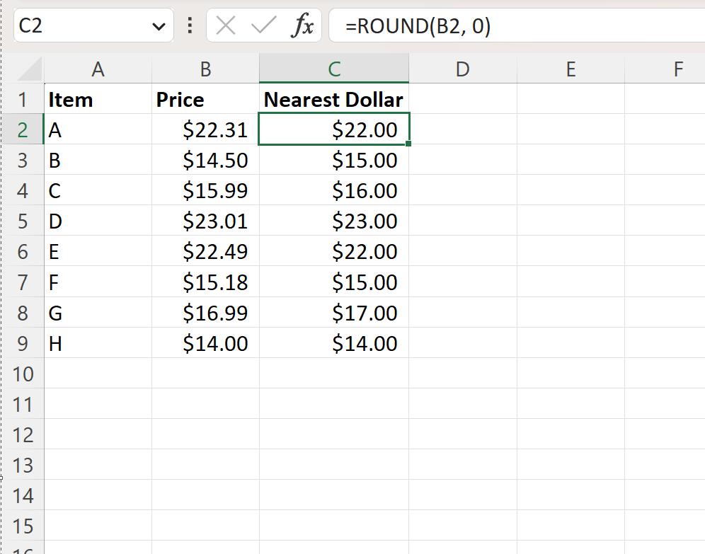 Excel round to nearest dollar