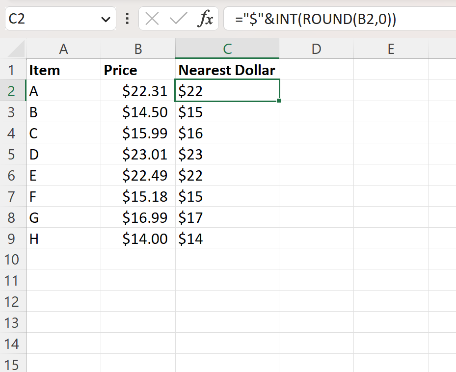 Excel round to nearest dollar and do not display cents
