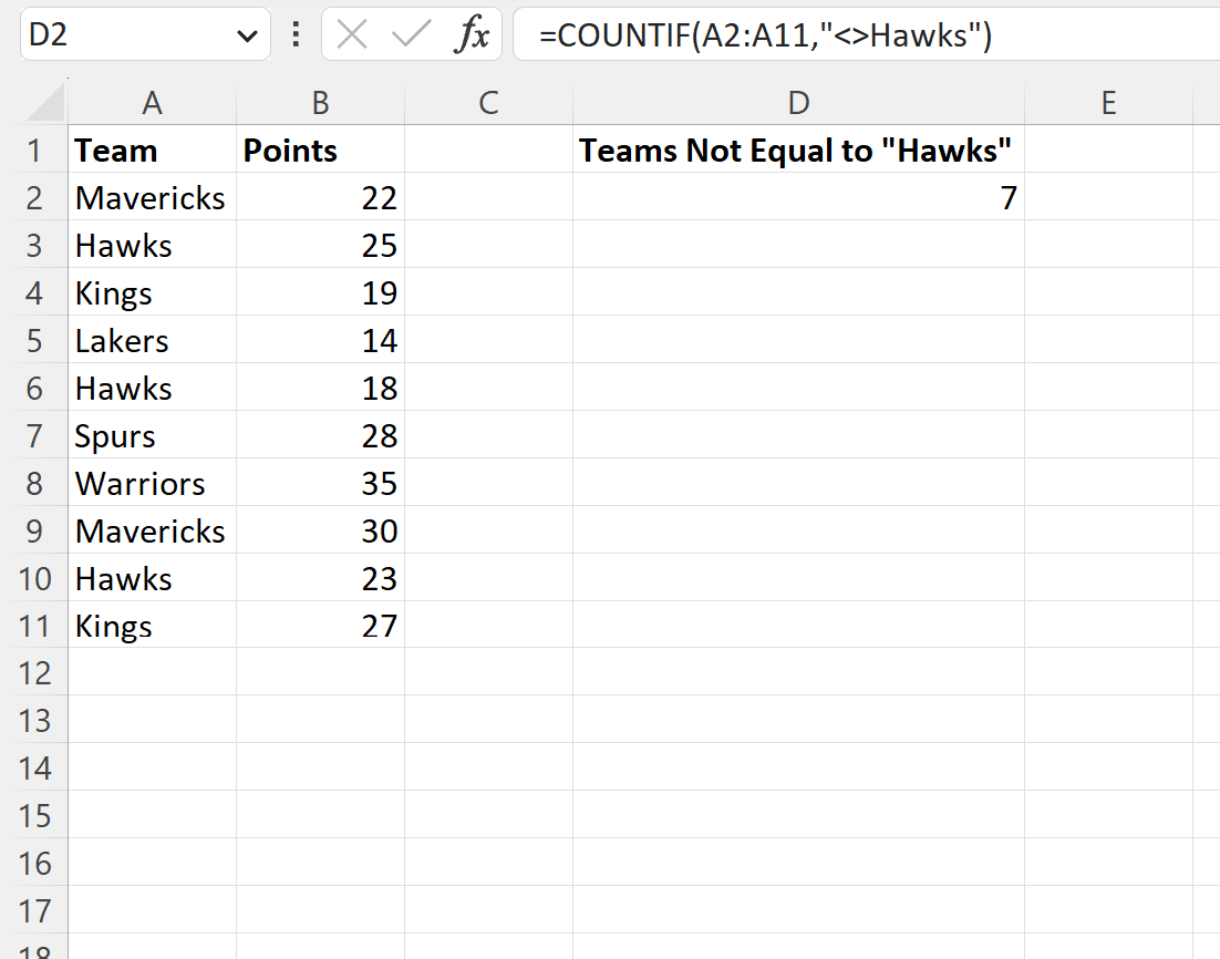 Excel COUNTIF not equal to text