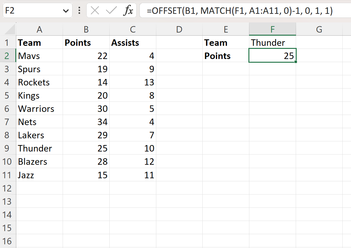 Excel OFFSET and MATCH together