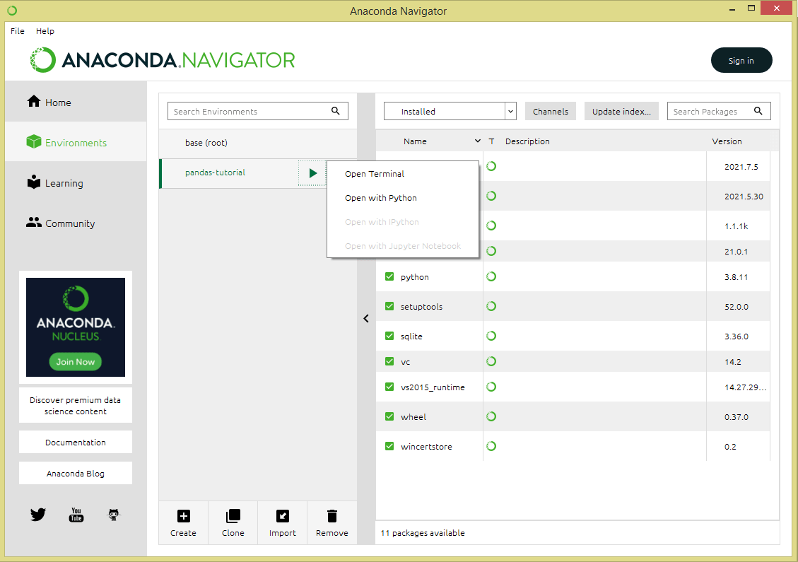 pandas-anaconda-install-11 create pandas environment