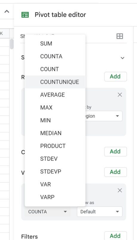 Google Sheets pivot table count unique