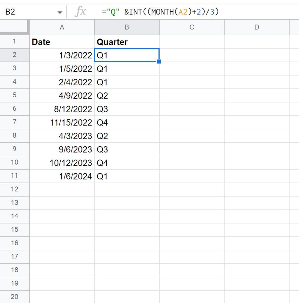 How can I convert a date in Google Sheets to the corresponding quarter and year? 2