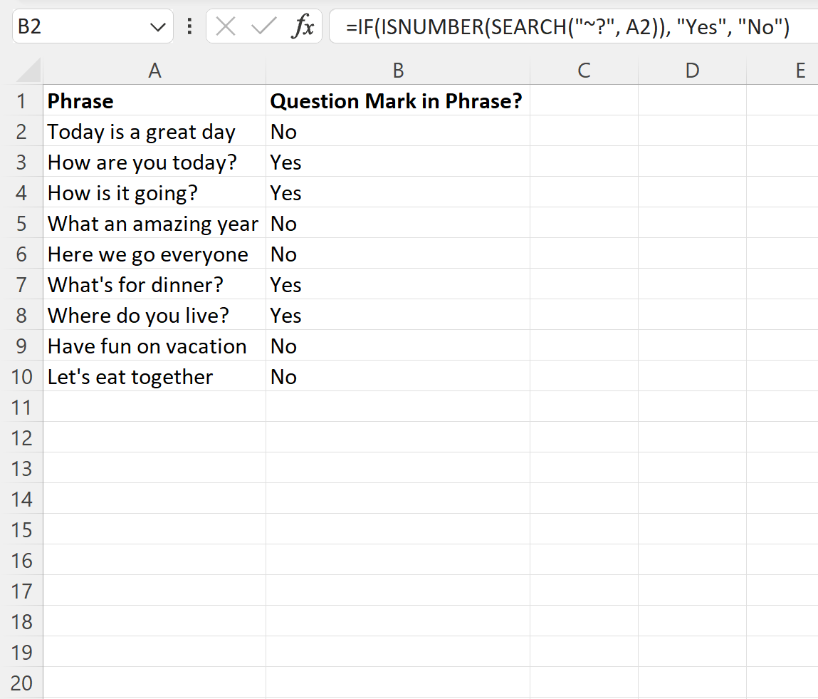 Excel search for question mark in cell