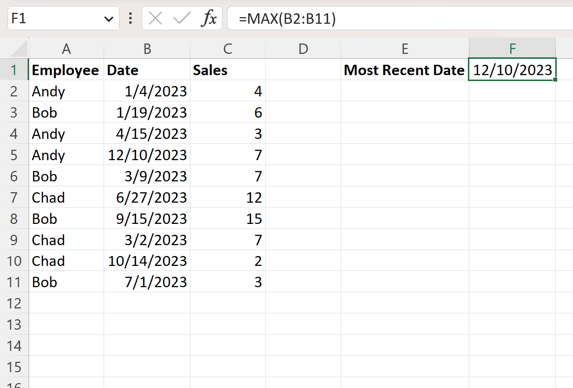 Excel find most recent date