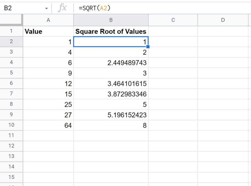 How can I calculate the square root and cube root in Google Sheets? 2