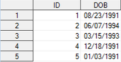 Screenshot of SAS dataset with 5 cases. The date of birth column shows the values 08/23/1991, 06/07/1994, 03/15/1993, 12/18/1991, 01/03/1991.