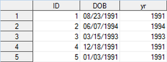 Screenshot of the same SAS dataset with new variable created by the YEAR function. The values extracted by the YEAR function are 1991, 1994, 1993, 1991, 1991.