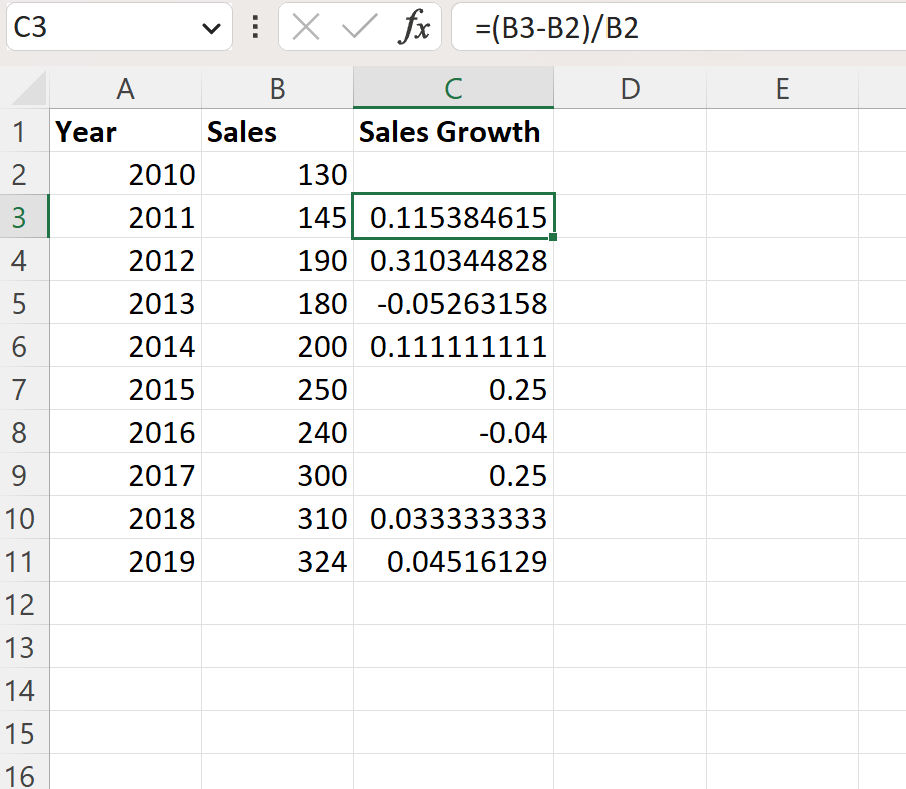 sgr2 calculate sales growth in Excel
