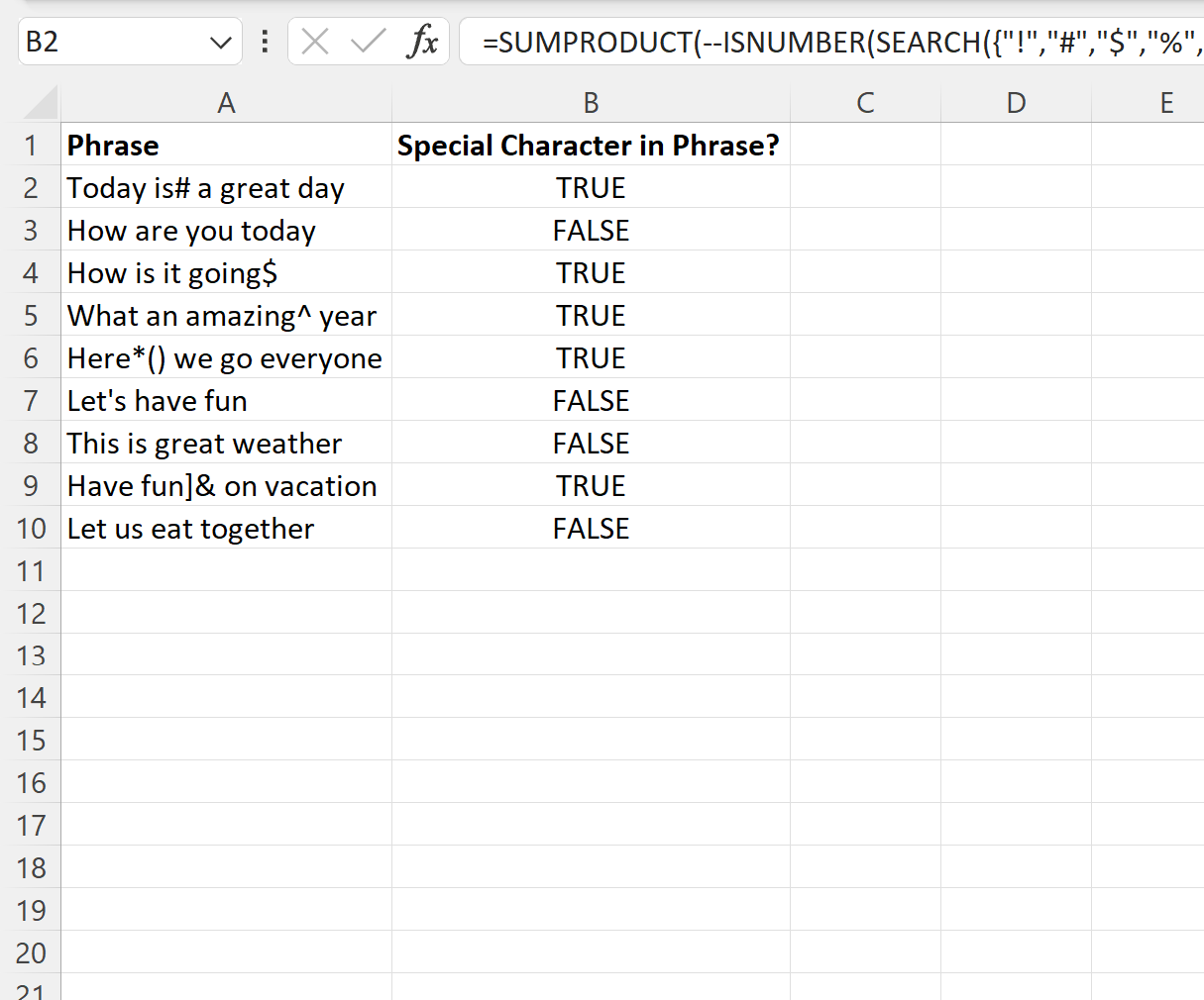 Excel search for special characters in cell
