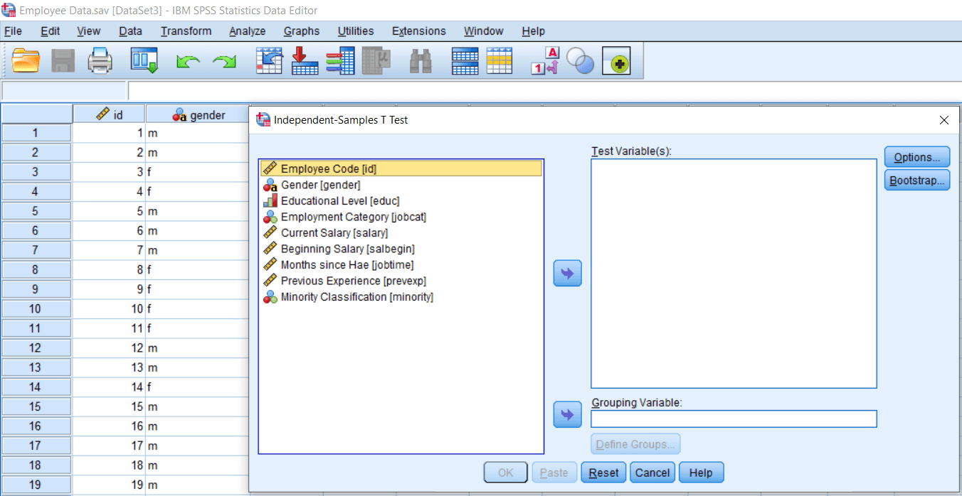 Define Input of Independent Sample T-Test
