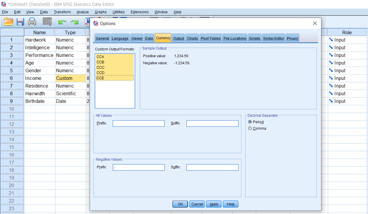 SPSS Dollar and Custom Currency Variable Type