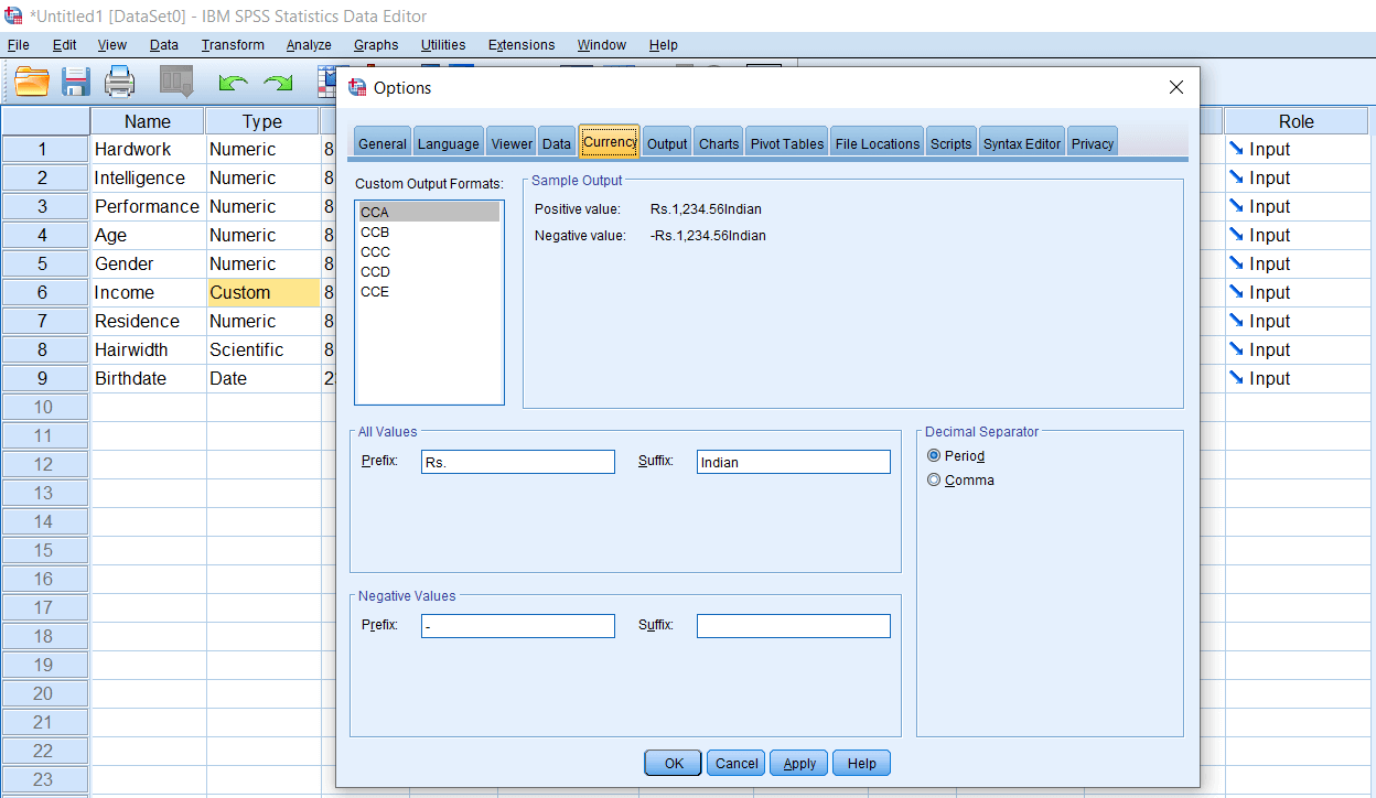 SPSS Dollar and Custom Currency Variable Type