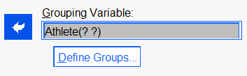 spss_independent-samples-t-test_dialog-window_grouping-variable-needs-defined_v29-windows Screenshot of the Grouping Variable box before levels or cut points have been defined. Two question marks appear next to the variable name.