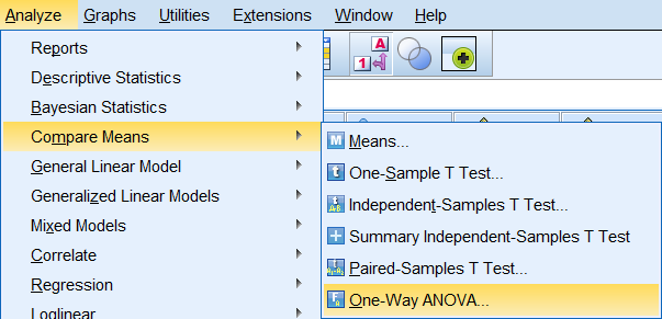 spss_one-way-anova_menu-path_v-25_windows-10 Analyze > Compare Means > One-Way ANOVA