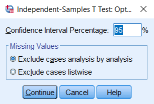 spss_v25_independent-samples-t-test_dialog-window_options_windows-10 The Independent Samples T Test Options window allows you to modify the confidence interval percentage and choose between listwise or 'analysis by analysis' (pairwise) missing data handling.