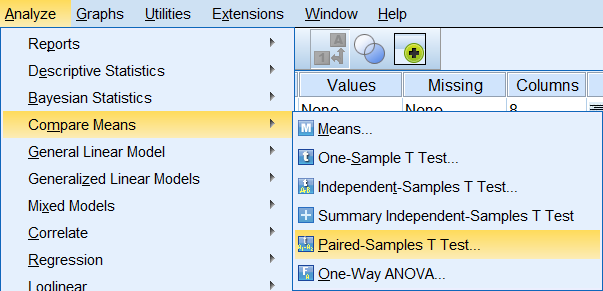 Click Analyze > Compare Means > Paired-Samples T Test.
