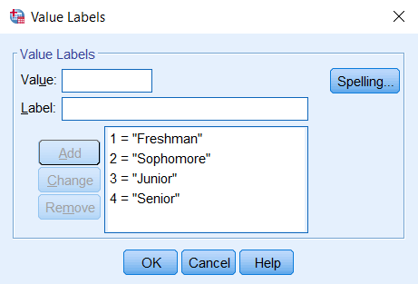 The main box in the Value Labels window should have the statements 1 = 'Freshman', 2 = 'Sophomore', 3 = 'Junior', 4 = 'Senior'.