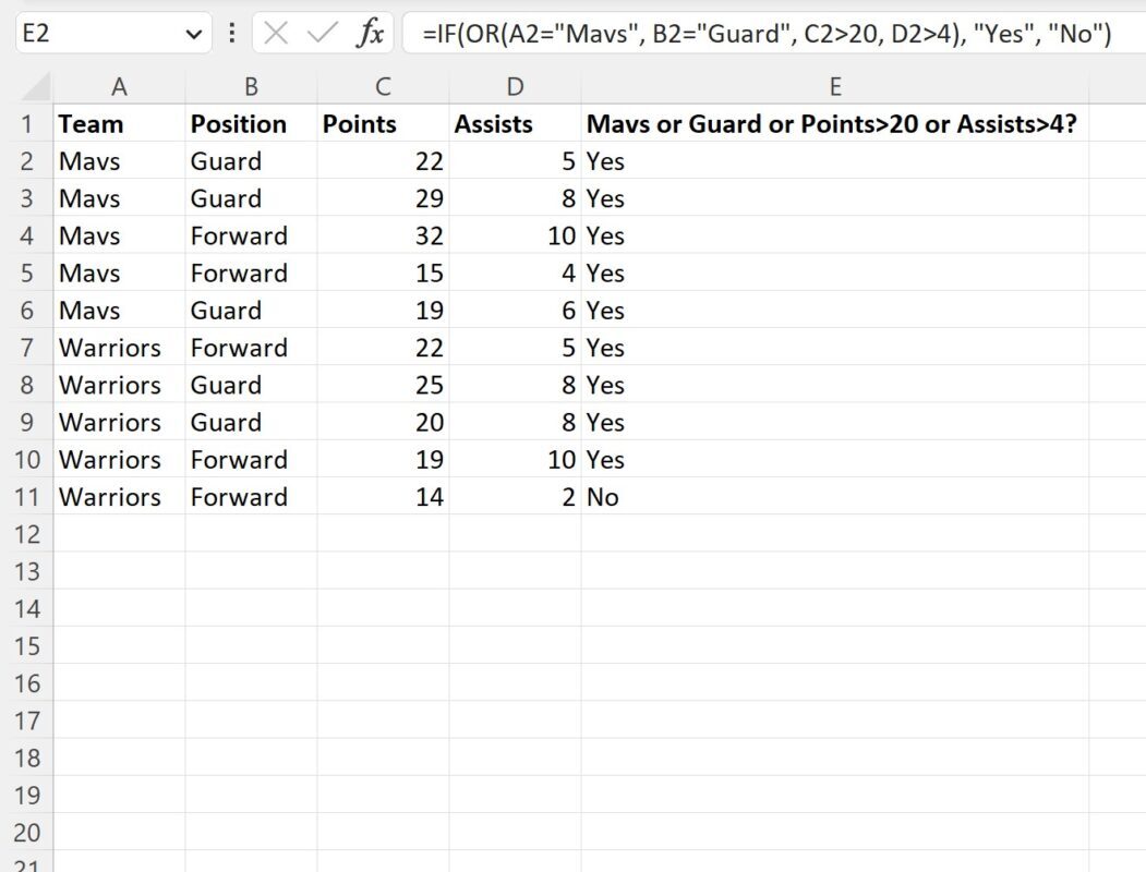 Excel IF function with 4 conditions using OR logic