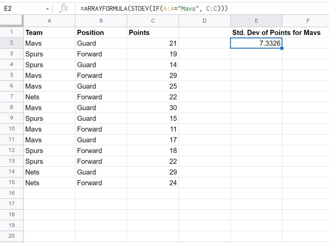 standard deviation if calculation in Google Sheets