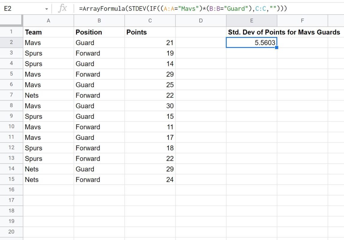 standard deviation if calculation in Google Sheets