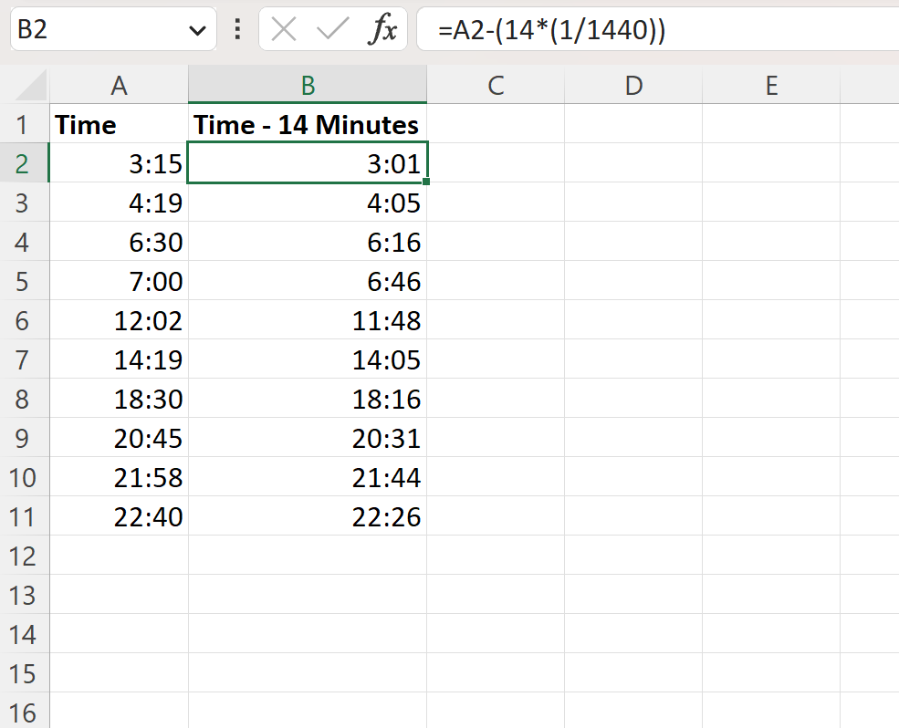 Excel subtract minutes from time using math formula