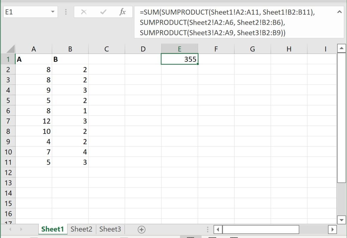 Excel SUMPRODUCT across multiple sheets