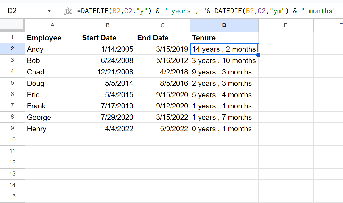 calculate tenure in Google Sheets