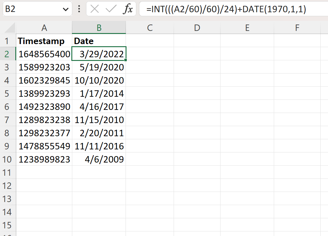 Excel convert UNIX timestamp to date